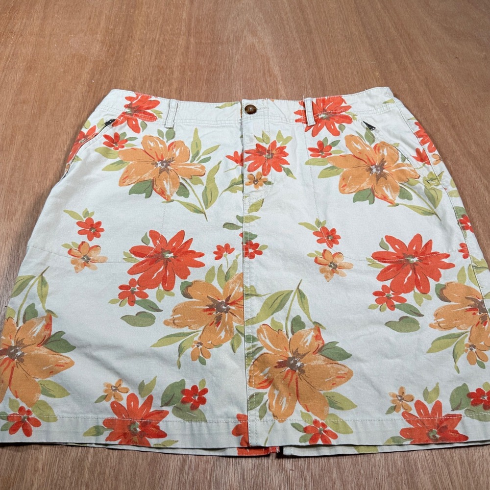 Eddie Bauer Skirt Women 14 Beige Orange Floral Stretch Cotton Casual Mini Skirt
